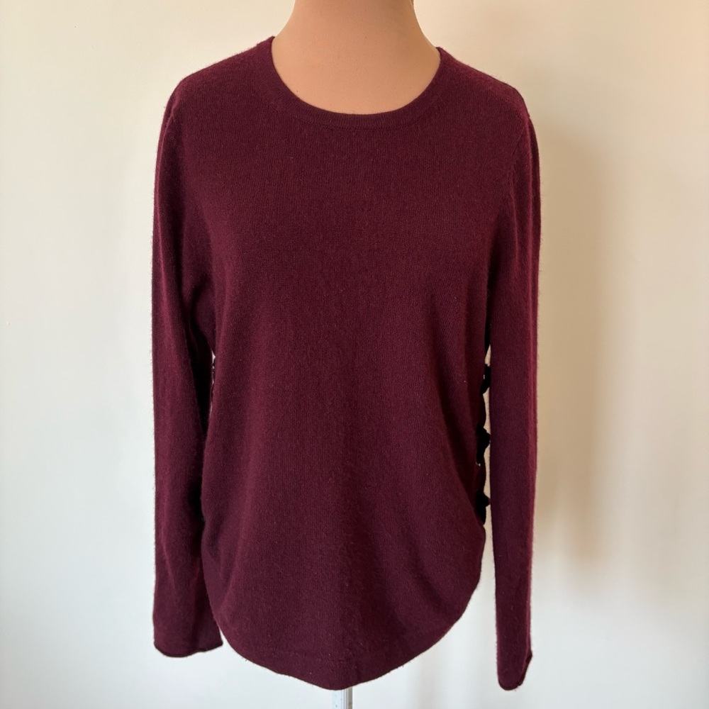 LT Wine Red 100% Cashmere Velvet Lace Up Side Crew Neck Pullover Sweater Size M